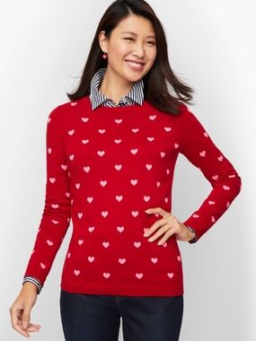 TALBOTS Red & Pink Knit Crewneck Hearts Novelty Sweater Sz M Love Wedding V-DAY